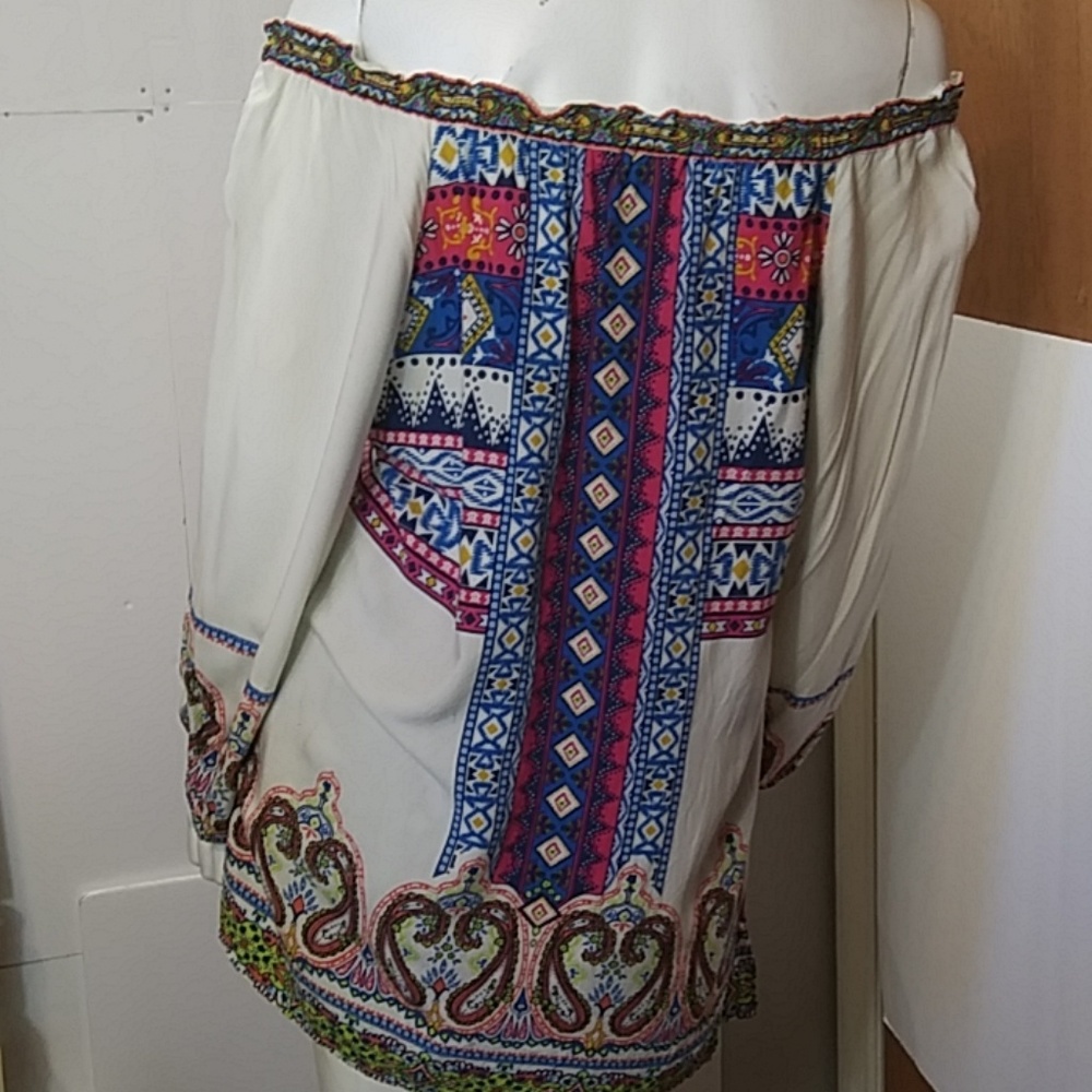 ALI MILES BOHO TRIBAL TUNIC OFF THE SHOULDER TOP - Picture 3 of 4